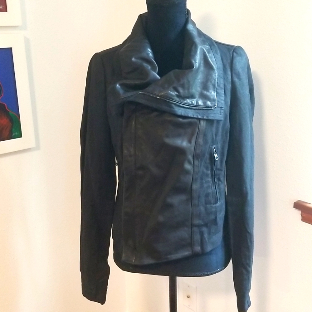 VINCE Vintage Linen and Leather Shawl Collar Moto Jacket Medium NWT